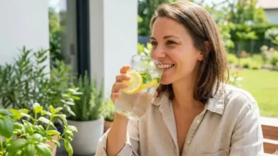 Foto realista e iluminada de uma pessoa bebendo Água com limão em um copo transparente de vidro. A imagem possui iluminação natural suave, sugerindo um ambiente matinal, com foco na hidratação e em um estilo de vida saudável.