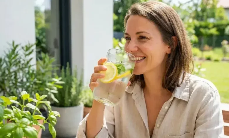 Foto realista e iluminada de uma pessoa bebendo Água com limão em um copo transparente de vidro. A imagem possui iluminação natural suave, sugerindo um ambiente matinal, com foco na hidratação e em um estilo de vida saudável.