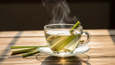 Xícara de chá de capim-limão fumegante sobre mesa de madeira, destacando os benefícios naturais da erva para relaxamento