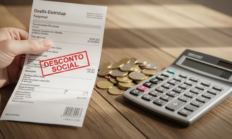 Conta de energia elétrica com indicação de Desconto Social de Energia e calculadora, representando a economia na conta de luz em 2026.