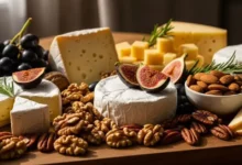 Tábua com queijos integrais, nozes e uvas, ilustrando o estudo sueco sobre como o consumo de queijo pode ajudar a reduzir risco de demência e proteger o cérebro.