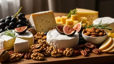 Tábua com queijos integrais, nozes e uvas, ilustrando o estudo sueco sobre como o consumo de queijo pode ajudar a reduzir risco de demência e proteger o cérebro.