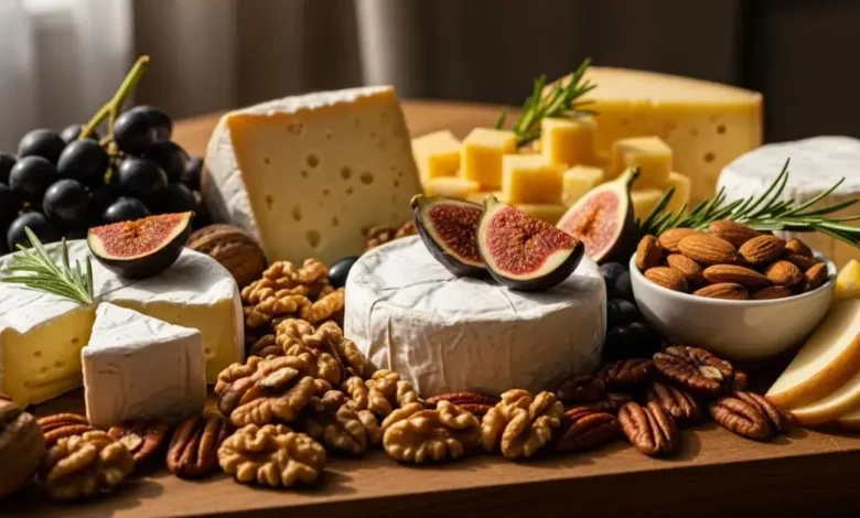 Tábua com queijos integrais, nozes e uvas, ilustrando o estudo sueco sobre como o consumo de queijo pode ajudar a reduzir risco de demência e proteger o cérebro.