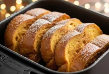 Rabanada assada na AirFryer bem dourada e polvilhada com açúcar e canela, servida em uma mesa de Natal decorada.