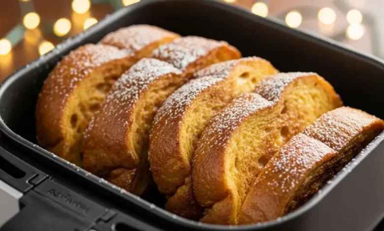 Rabanada assada na AirFryer bem dourada e polvilhada com açúcar e canela, servida em uma mesa de Natal decorada.