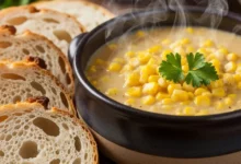 Creme de milho saboroso e muito cremoso servido em uma tigela rústica, destacando a textura aveludada e a cor amarela vibrante.