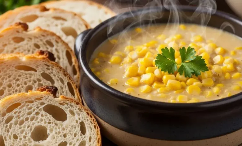 Creme de milho saboroso e muito cremoso servido em uma tigela rústica, destacando a textura aveludada e a cor amarela vibrante.