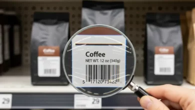 Lupa inspecionando embalagem de café em um supermercado, ilustrando a fiscalização após a notícia de que a Anvisa suspende marcas de cafés em 2026.