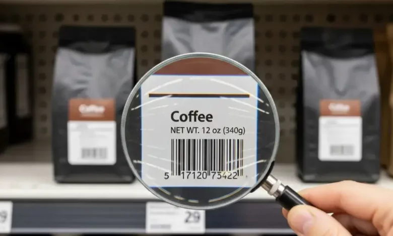 Lupa inspecionando embalagem de café em um supermercado, ilustrando a fiscalização após a notícia de que a Anvisa suspende marcas de cafés em 2026.