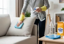 Uma sala de estar limpa, brilhante e organizada. Uma pessoa limpando suavemente um sofás de tecido claro usando um borrifador com solução caseira e um pano de microfibra. Uma garrafa de vinagre branco e uma caixa de bicarbonato de sódio estão visíveis em uma mesa lateral. Iluminação suave, foco em segurança e limpeza.