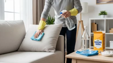Uma sala de estar limpa, brilhante e organizada. Uma pessoa limpando suavemente um sofás de tecido claro usando um borrifador com solução caseira e um pano de microfibra. Uma garrafa de vinagre branco e uma caixa de bicarbonato de sódio estão visíveis em uma mesa lateral. Iluminação suave, foco em segurança e limpeza.