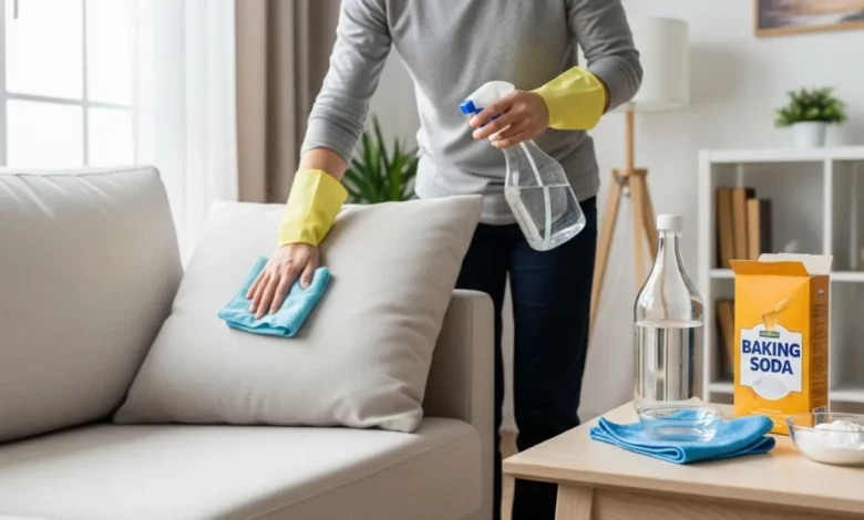 Uma sala de estar limpa, brilhante e organizada. Uma pessoa limpando suavemente um sofás de tecido claro usando um borrifador com solução caseira e um pano de microfibra. Uma garrafa de vinagre branco e uma caixa de bicarbonato de sódio estão visíveis em uma mesa lateral. Iluminação suave, foco em segurança e limpeza.