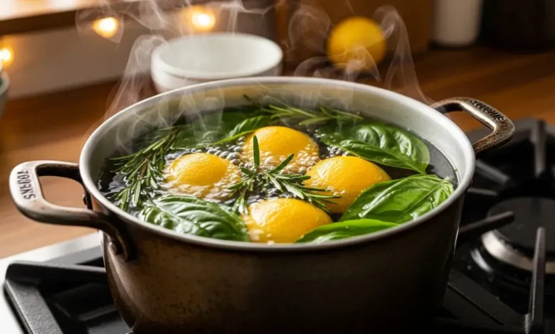 Panela fervendo casca de limão com manjericão e alecrim para perfumar e purificar o ambiente doméstico de forma natural.