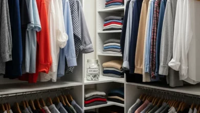 Pote de antimofo caseiro posicionado estrategicamente dentro de um guarda-roupa organizado para prevenir umidade e mofo em 2026.