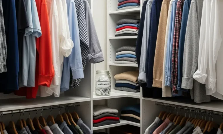 Pote de antimofo caseiro posicionado estrategicamente dentro de um guarda-roupa organizado para prevenir umidade e mofo em 2026.