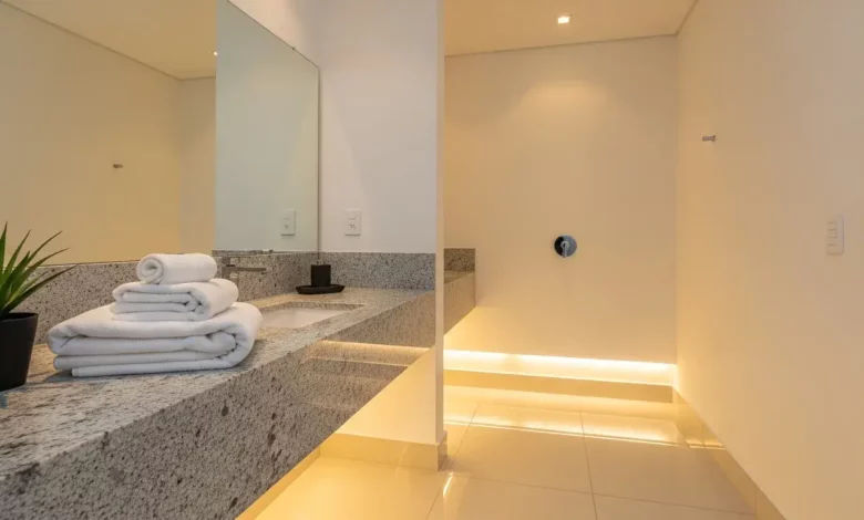 Banheiro limpo e cheiroso com decoração minimalista e toalhas organizadas, refletindo o estilo de um hotel de luxo para o fim de ano.