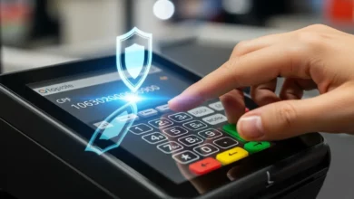 Mão de consumidor digitando CPF nas compras em supermercados em um terminal de pagamento protegido por um escudo de segurança digital.