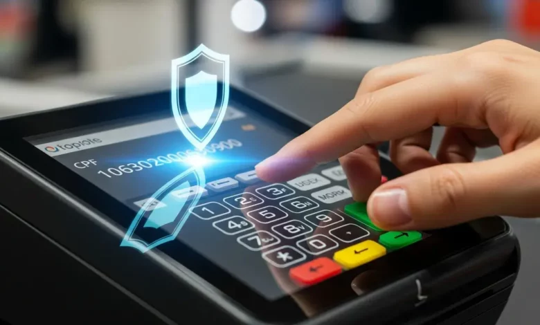 Mão de consumidor digitando CPF nas compras em supermercados em um terminal de pagamento protegido por um escudo de segurança digital.