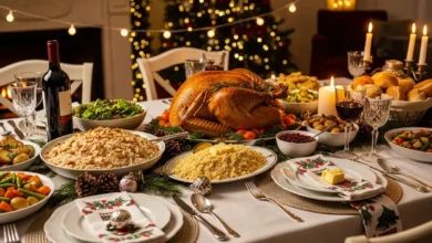Mesa completa de Ceia de Natal em 2026 com peru assado, arroz de frutas secas e farofa gourmet em um ambiente festivo e acolhedor.
