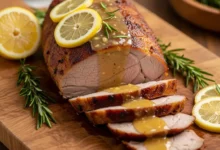 Lombo assado com molho de limão fatiado e suculento, decorado com ervas frescas e rodelas de limão em uma mesa festiva.