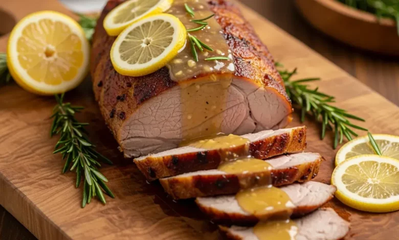 Lombo assado com molho de limão fatiado e suculento, decorado com ervas frescas e rodelas de limão em uma mesa festiva.