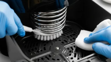 Mão com luva realizando a limpeza da resistência interna de uma AirFryer com uma escova macia e pano de microfibra, ilustrando como limpar a resistência da Airfryer com segurança.