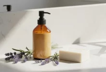 Frasco de sabonete líquido caseiro em uma bancada de mármore, cercado por ingredientes naturais como lavanda e óleos essenciais, ilustrando a receita econômica.