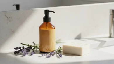 Frasco de sabonete líquido caseiro em uma bancada de mármore, cercado por ingredientes naturais como lavanda e óleos essenciais, ilustrando a receita econômica.