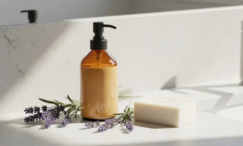 Frasco de sabonete líquido caseiro em uma bancada de mármore, cercado por ingredientes naturais como lavanda e óleos essenciais, ilustrando a receita econômica.