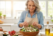 Mulher madura preparando refeição saudável com alimentos ricos em cálcio e magnésio para manter ossos fortes na menopausa em 2026.