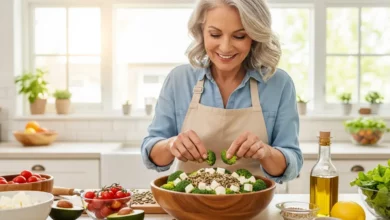 Mulher madura preparando refeição saudável com alimentos ricos em cálcio e magnésio para manter ossos fortes na menopausa em 2026.