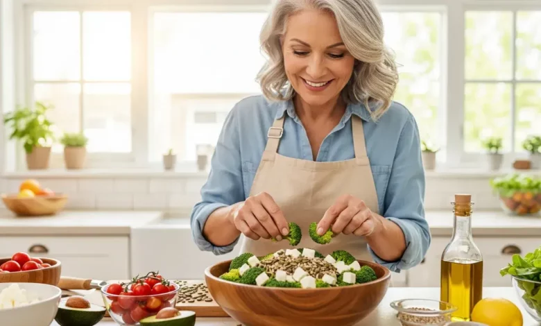 Mulher madura preparando refeição saudável com alimentos ricos em cálcio e magnésio para manter ossos fortes na menopausa em 2026.