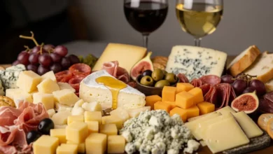 Tábua de queijos para o fim de ano decorada com frutas frescas, nozes e geleias, destacando diferentes texturas e tipos de queijos finos.