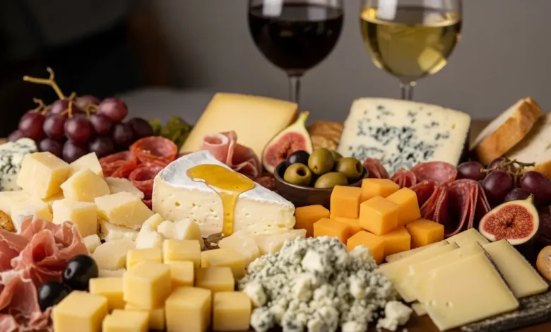 Tábua de queijos para o fim de ano decorada com frutas frescas, nozes e geleias, destacando diferentes texturas e tipos de queijos finos.