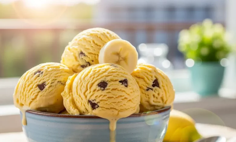 Sorvete caseiro natural de banana com flocos de chocolate em uma tigela, servido em um ambiente ensolarado de verão.