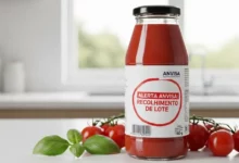 Frasco de molho de tomate passata em uma bancada de cozinha com selo de alerta da Anvisa para recolhimento de lote.