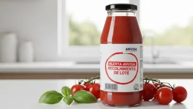 Frasco de molho de tomate passata em uma bancada de cozinha com selo de alerta da Anvisa para recolhimento de lote.