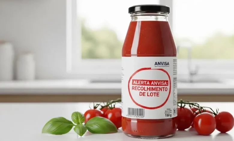 Frasco de molho de tomate passata em uma bancada de cozinha com selo de alerta da Anvisa para recolhimento de lote.
