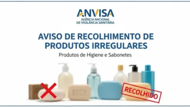 Logotipo da Anvisa em destaque com um aviso de recolhimento de produtos de higiene e sabonetes irregulares.