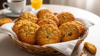 Bolachinha de coco crocante e dourada disposta em uma cesta de vime sobre uma mesa de café da manhã.
