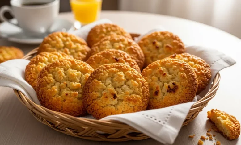 Bolachinha de coco crocante e dourada disposta em uma cesta de vime sobre uma mesa de café da manhã.