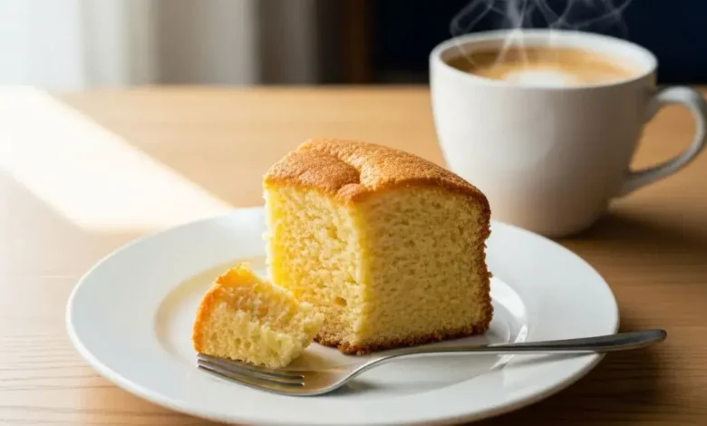 Fatia de bolo de manteiga dourada e macia sendo servida ao lado de uma xícara de café quente.