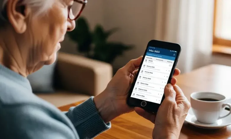 Pessoa idosa utilizando um smartphone para consultar o calendário de pagamentos do INSS através do aplicativo oficial.