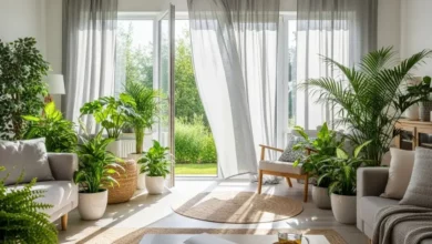 Sala de estar arejada com plantas e ventilação natural, ideal para manter a casa fresca sem ar-condicionado no verão.