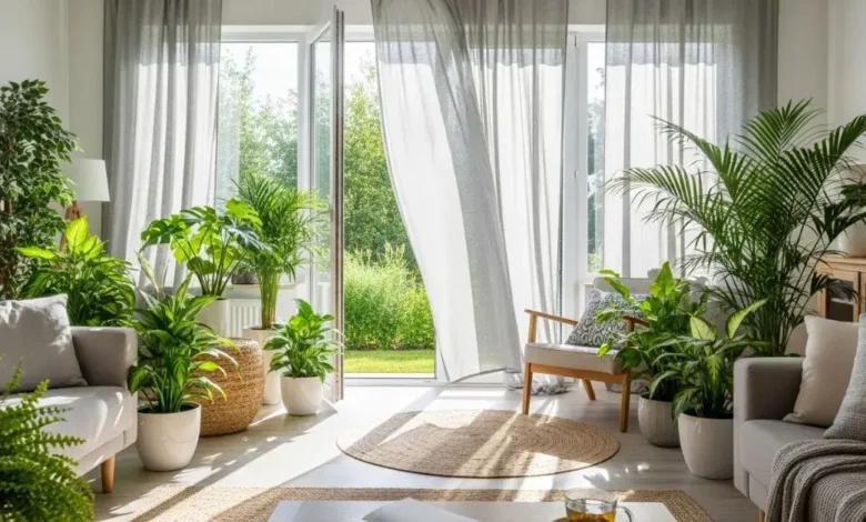 Sala de estar arejada com plantas e ventilação natural, ideal para manter a casa fresca sem ar-condicionado no verão.