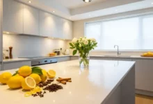 Cozinha limpa e organizada com ingredientes naturais de como acabar com as baratas na cozinha de forma segura e eficiente.