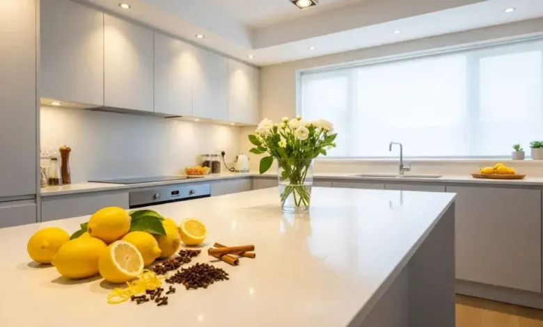 Cozinha limpa e organizada com ingredientes naturais de como acabar com as baratas na cozinha de forma segura e eficiente.