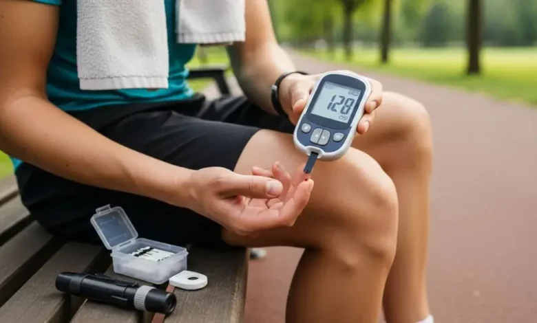 como controlar a glicose de forma natural - Pessoa medindo o nível de glicemia com glicosímetro após praticar exercícios físicos para controle natural da glicose.