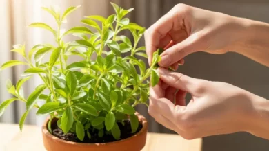 Aprenda como plantar stevia em casa - Mãos colhendo folhas frescas em um vaso de stevia bem cuidado em um ambiente iluminado.