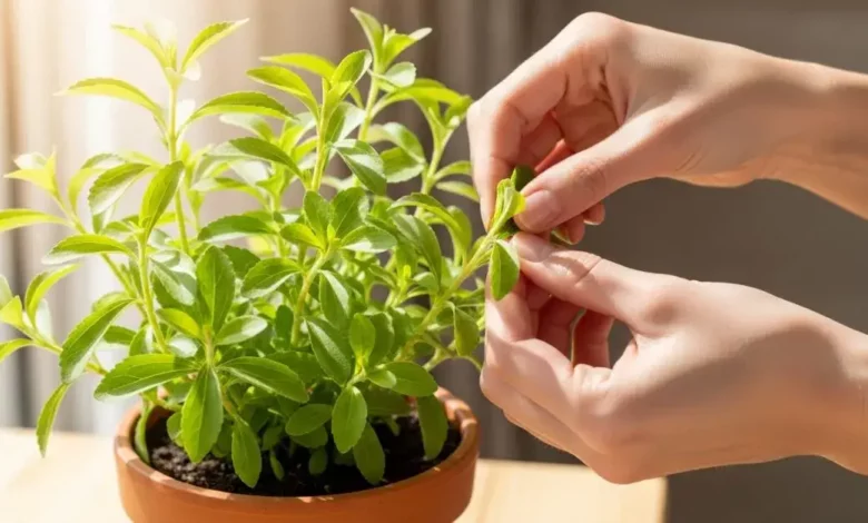 Aprenda como plantar stevia em casa - Mãos colhendo folhas frescas em um vaso de stevia bem cuidado em um ambiente iluminado.